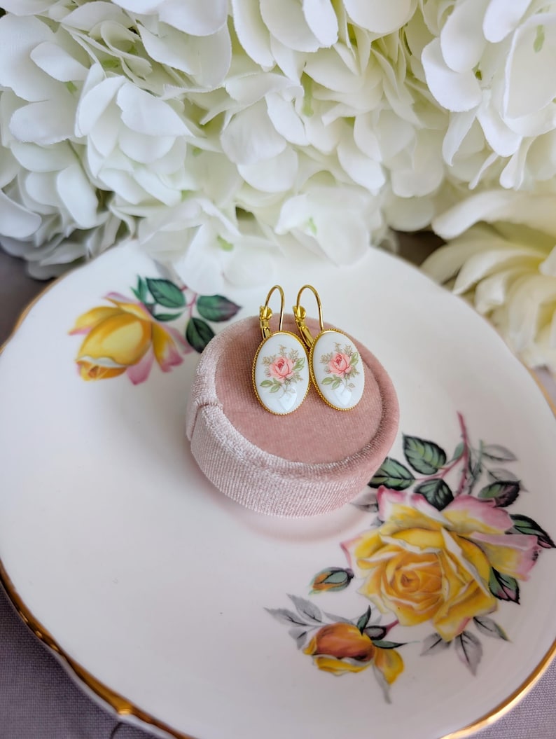 Handmade Pink Rose Earrings | Vintage Limoges-Inspired Floral Jewelry