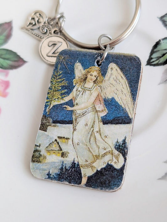 Guardian Angel Keychain | Vintage Decoupage Wood | Personalized Gift