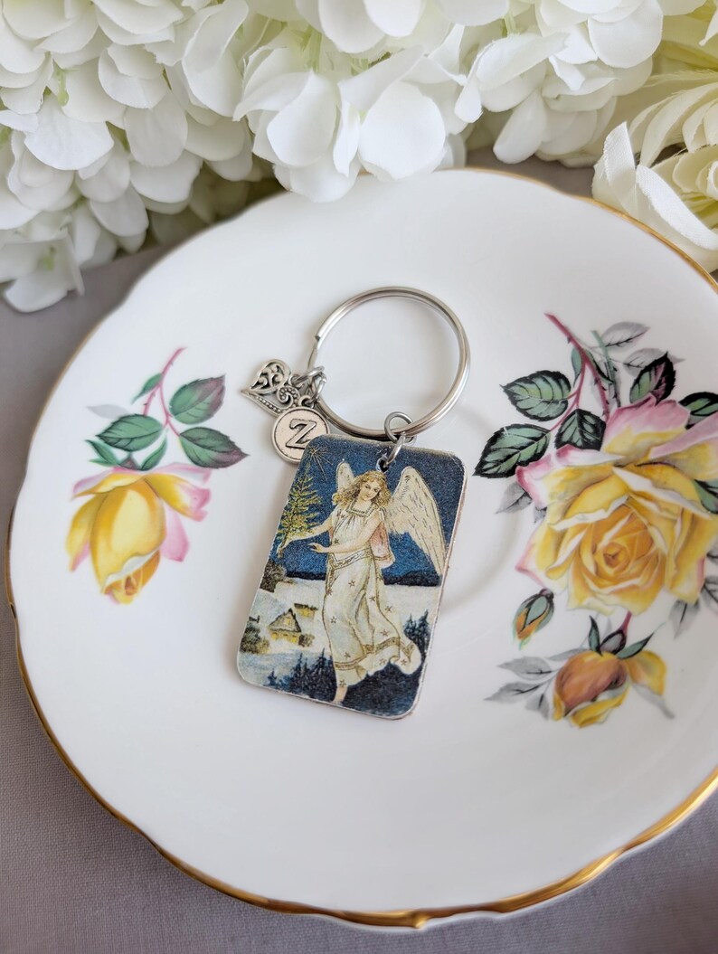 Guardian Angel Keychain | Vintage Decoupage Wood | Personalized Gift