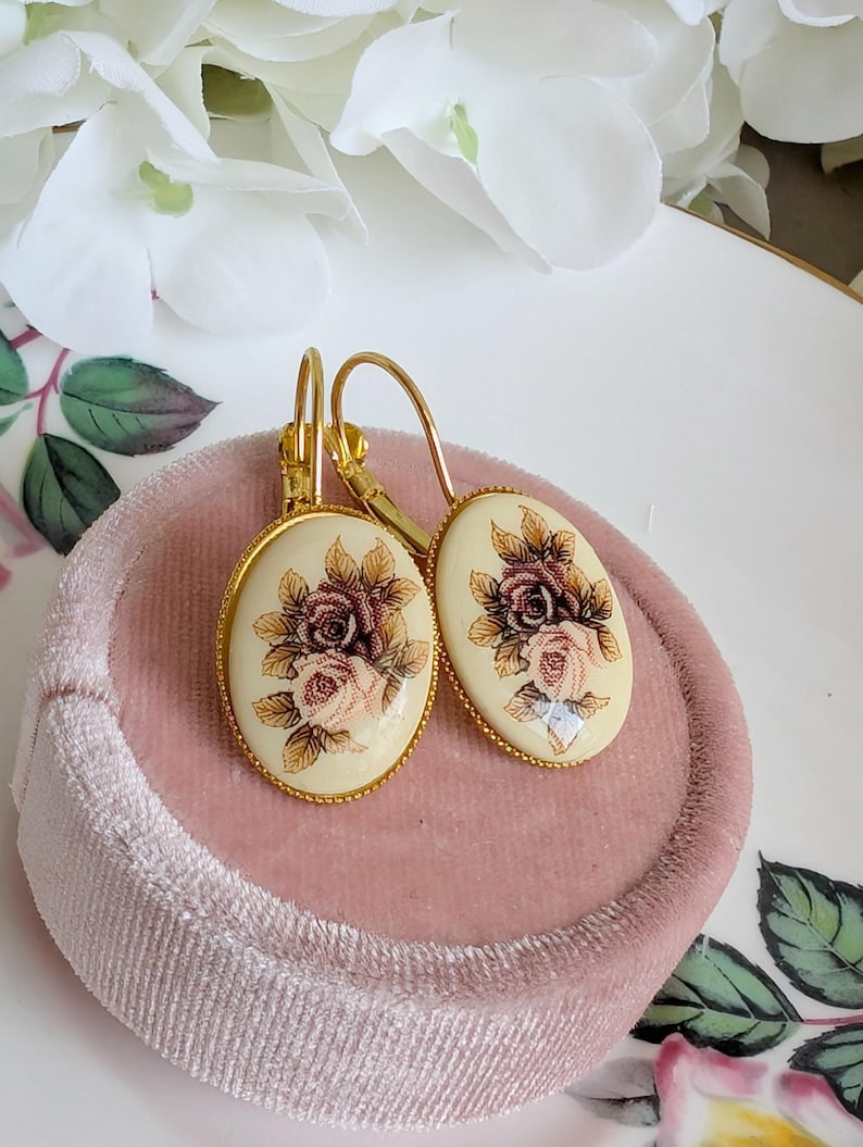 Vintage Rose Earrings, Pink Floral Lever Backs in Brass, Silver or Matte Black