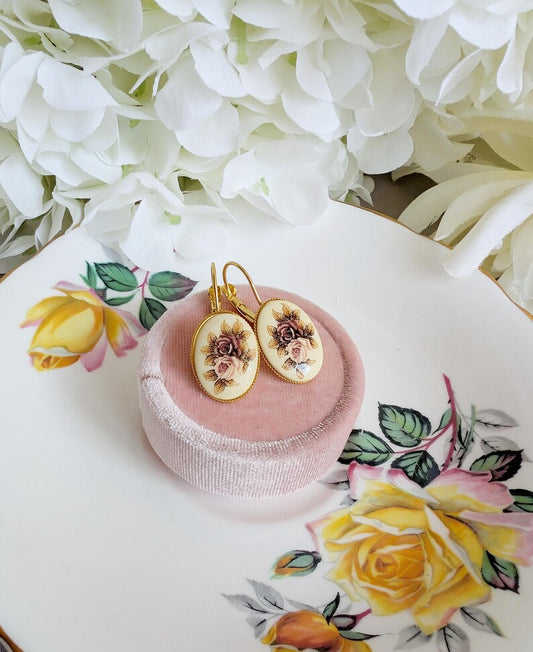 Vintage Rose Earrings, Pink Floral Lever Backs in Brass, Silver or Matte Black