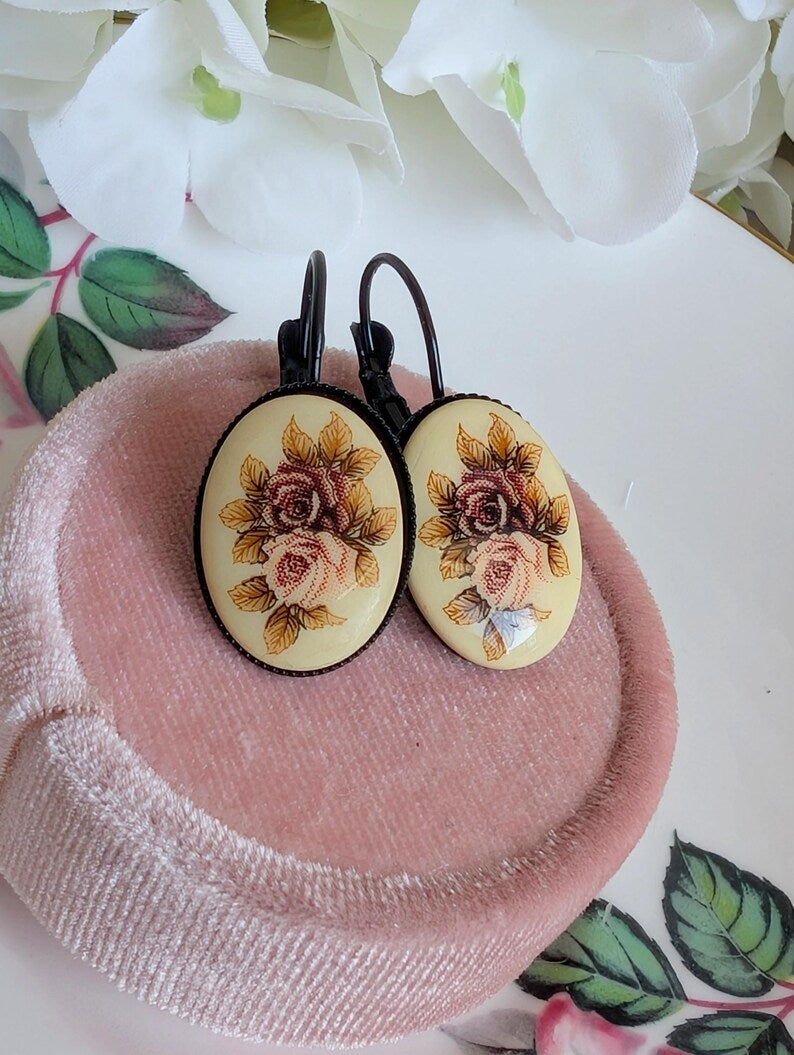 Vintage Rose Earrings, Pink Floral Lever Backs in Brass, Silver or Matte Black