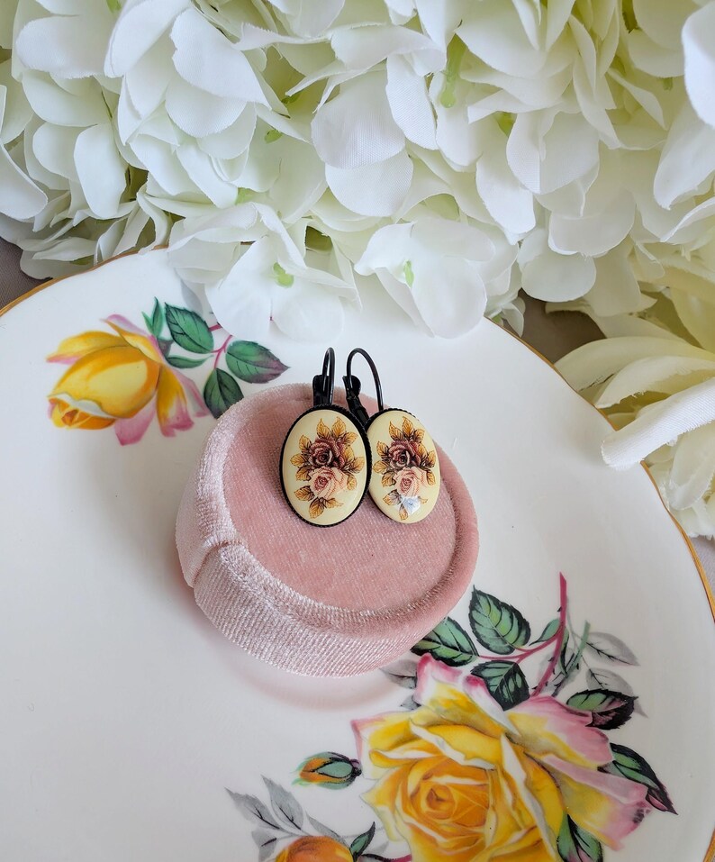 Vintage Rose Earrings, Pink Floral Lever Backs in Brass, Silver or Matte Black