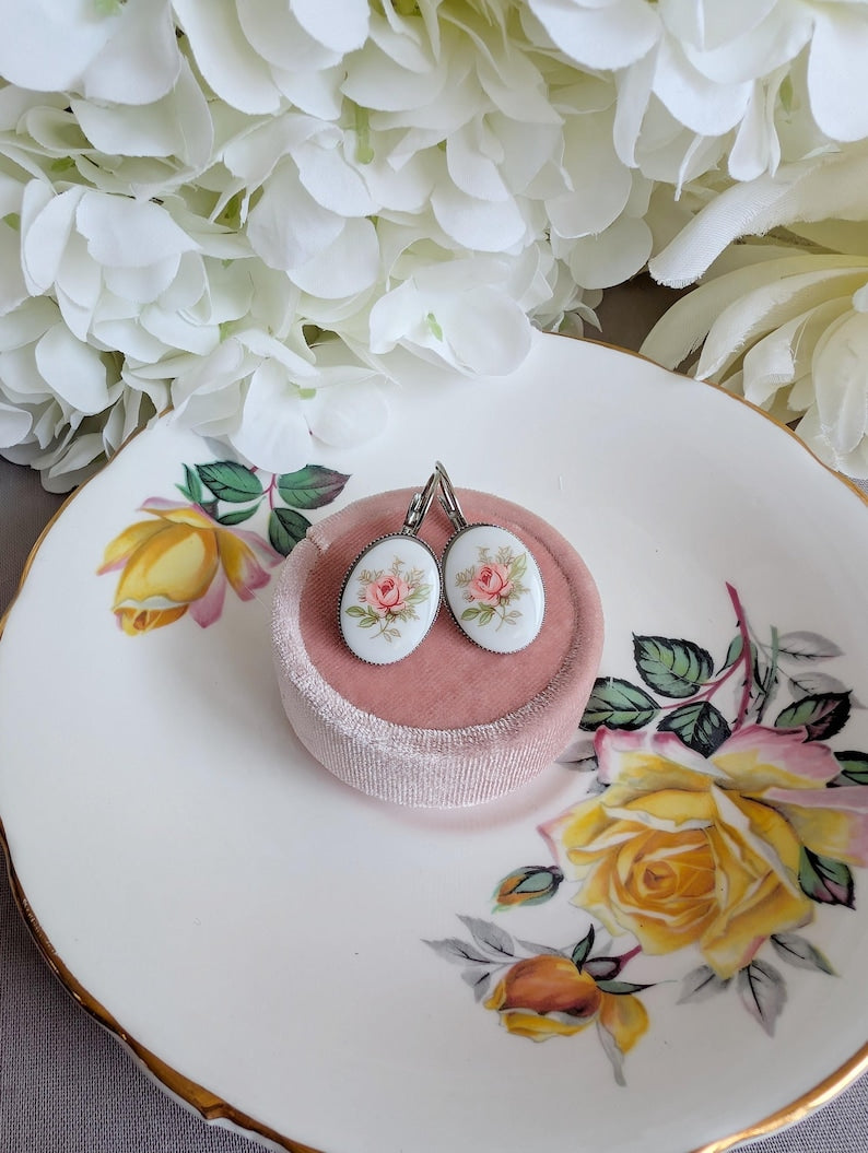 Handmade Pink Rose Earrings | Vintage Limoges-Inspired Floral Jewelry