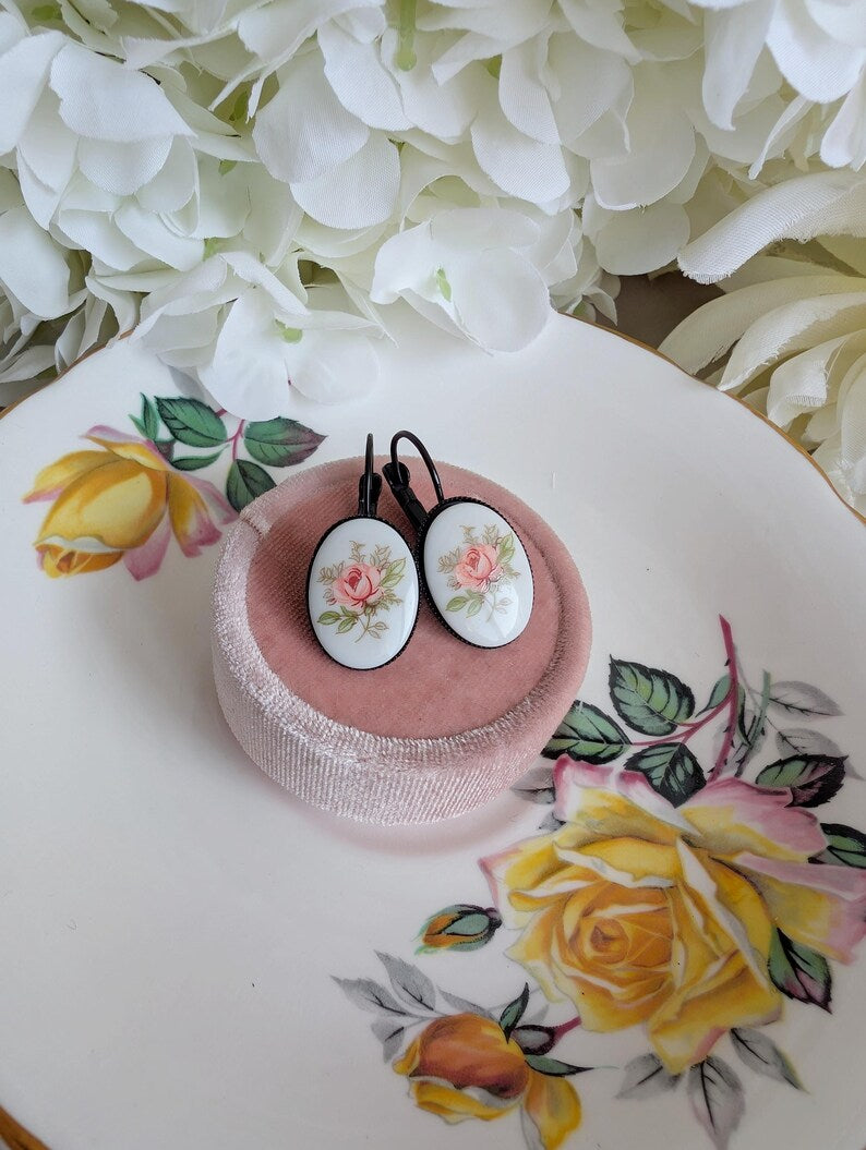 Handmade Pink Rose Earrings | Vintage Limoges-Inspired Floral Jewelry
