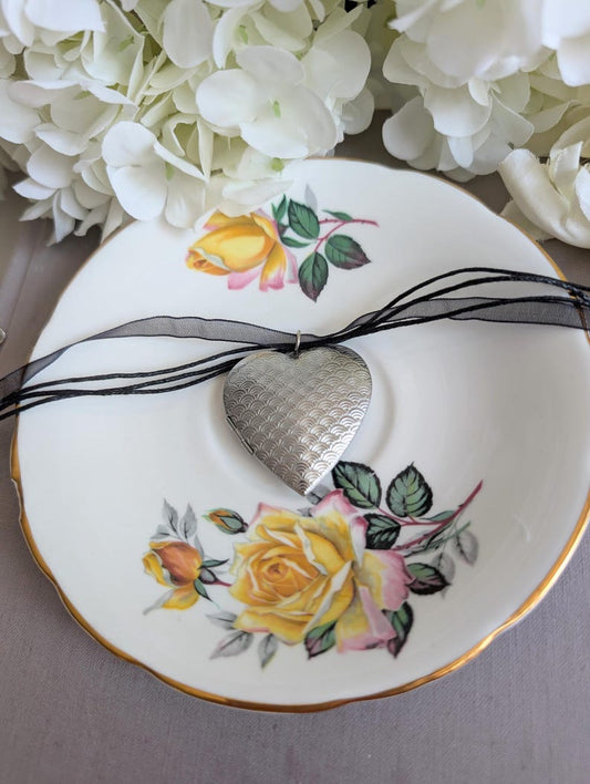 Engraved Silver Heart Locket Choker, Vintage Style Ribbon Necklace