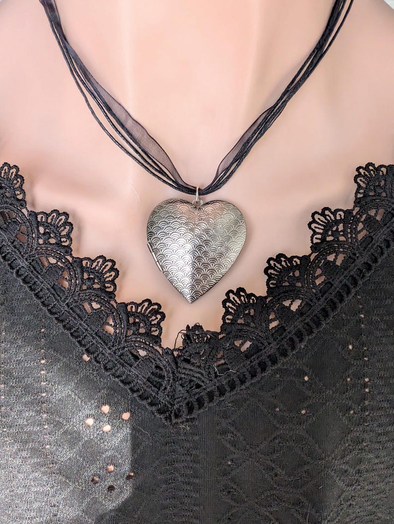 Engraved Silver Heart Locket Choker, Vintage Style Ribbon Necklace