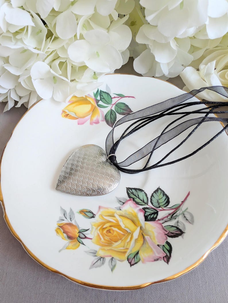 Engraved Silver Heart Locket Choker, Vintage Style Ribbon Necklace