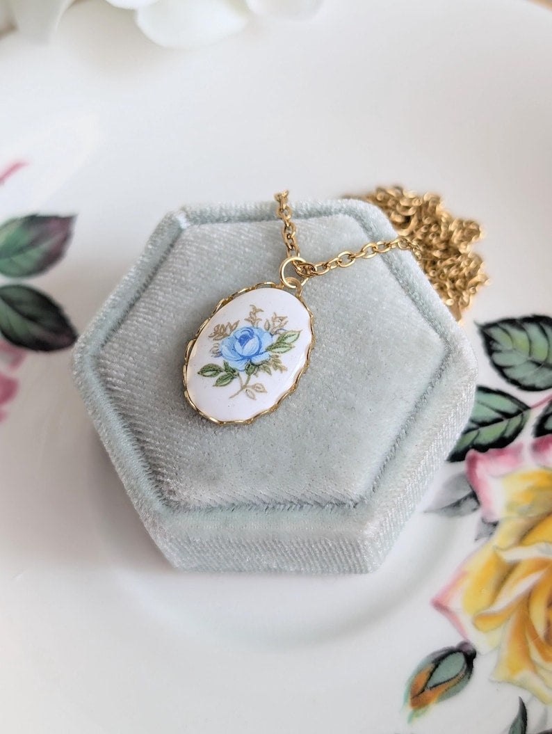 Blue Rose Necklace, Vintage Floral Pendant, Historical Costume Jewelry