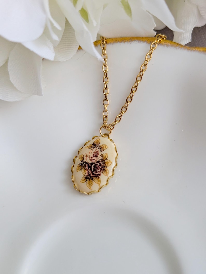 Vintage Rose Necklace, Pink and Gold Cameo Pendant, Floral Jewelry