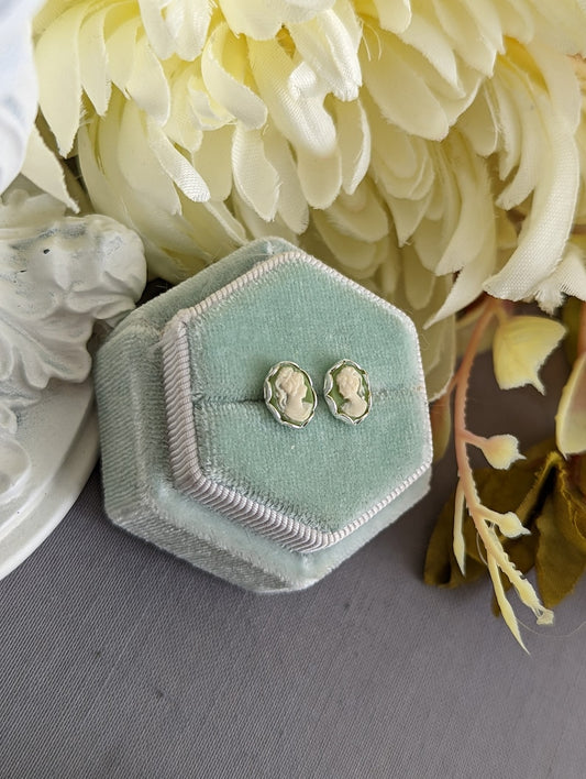 Handmade Green Cameo Stud Earrings | Sterling Silver Vintage Jewelry