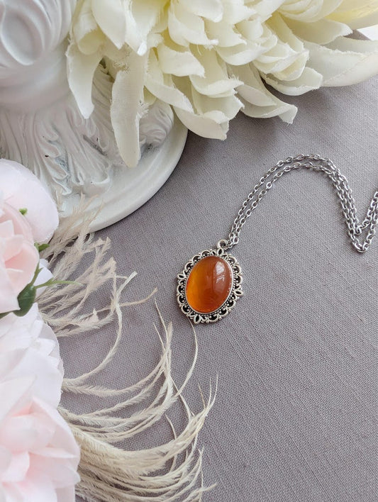 Carnelian Necklace, Lacy Antiqued Silver Pendant, Romantic Crystal Jewelry