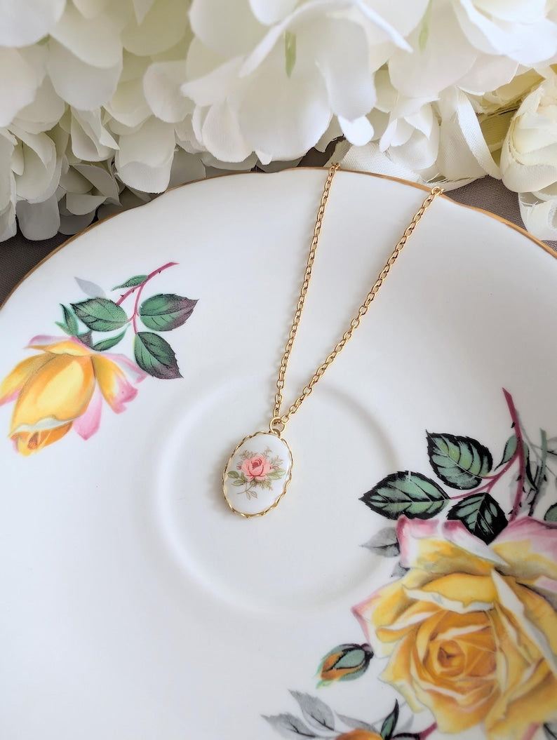 Blue Rose Necklace, Vintage Floral Pendant, Historical Costume Jewelry