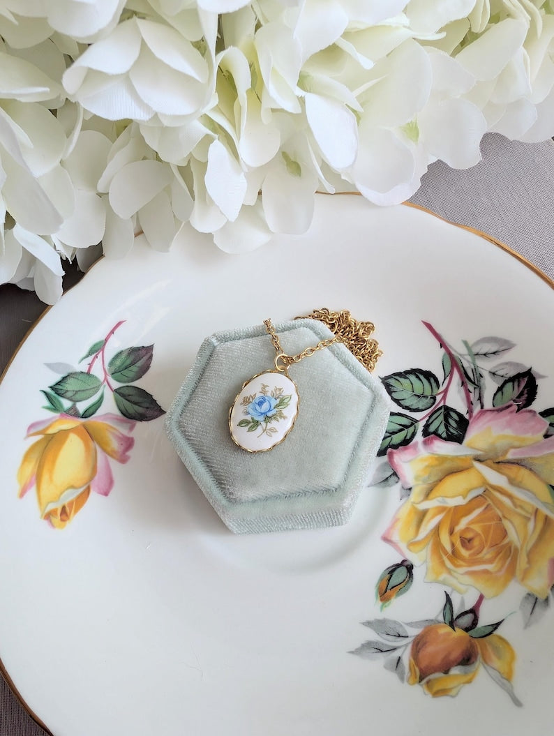 Blue Rose Necklace, Vintage Floral Pendant, Historical Costume Jewelry