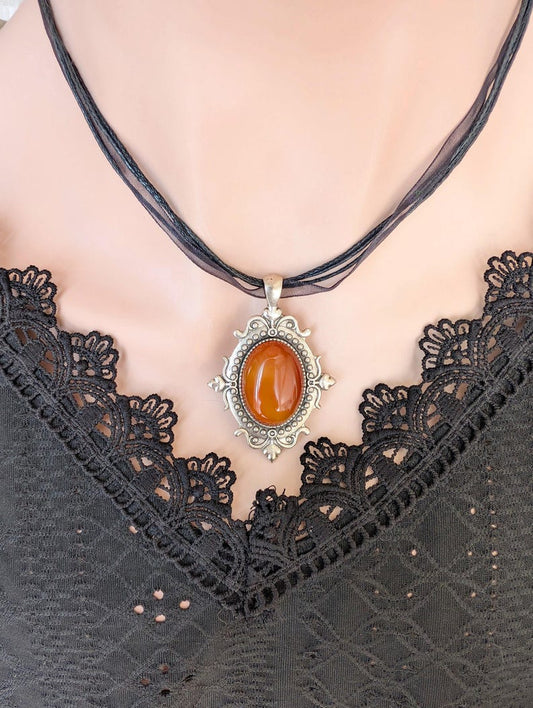 Carnelian Choker Necklace, Silver Gothic Pendant, Black Organza Ribbon