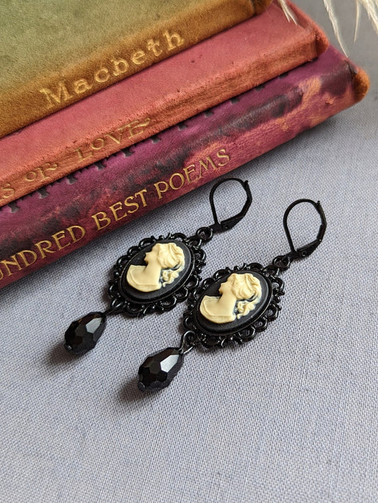 Gothic Victorian Cameo Earrings, Dark Academia Jewelry Gift