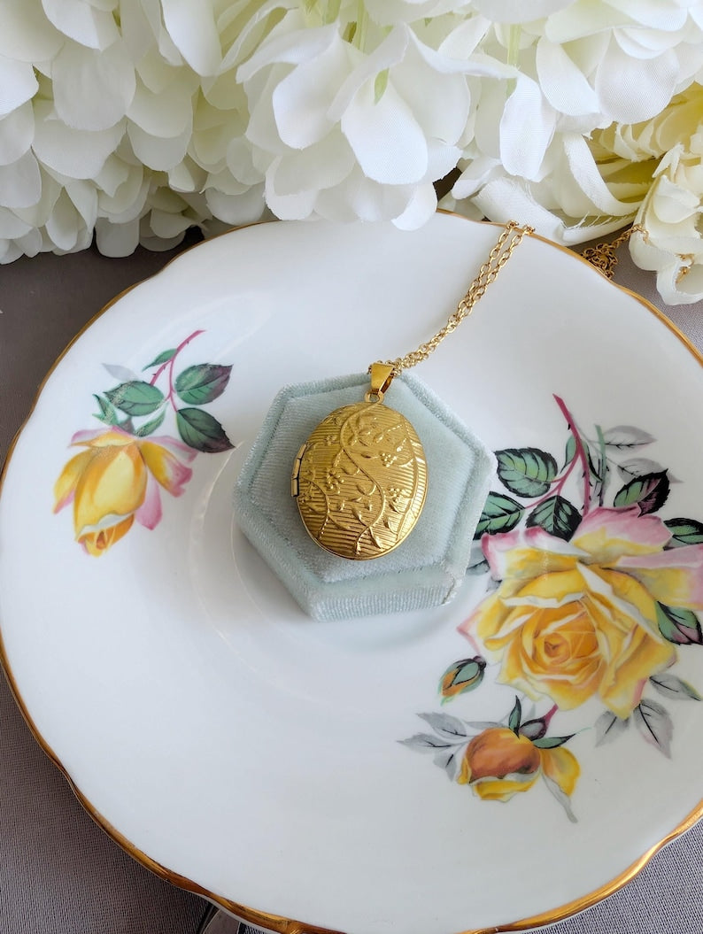 Vintage Style Oval Locket Necklace with Embossed Vine Design - Brass Photo Locket