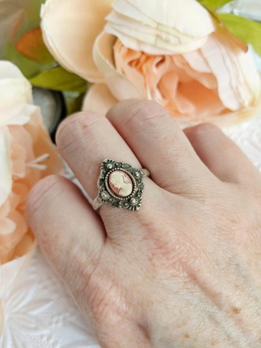 Victorian Style Cameo Ring, Antique Replica, Adjustable Brass