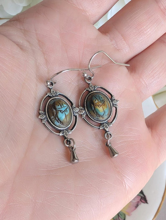 Scarab Earrings with Silver Ox Leaf Frame Pendants, Art Deco Jewelry with Egyptian Inspiration