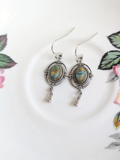 Scarab Earrings with Silver Ox Leaf Frame Pendants, Art Deco Jewelry with Egyptian Inspiration