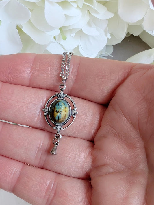 Scarab Necklace | Silver Ox Leaf Pendant | Egyptian Art Deco Jewelry