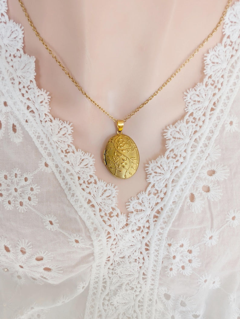 Vintage Style Oval Locket Necklace with Embossed Vine Design - Brass Photo Locket
