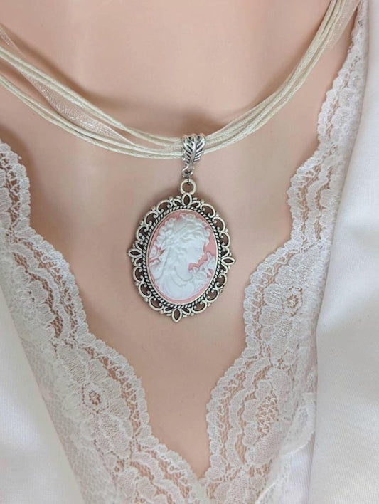 Pink Lady Cameo on Cream Organza Ribbon Choker - Silver Victorian Setting.
