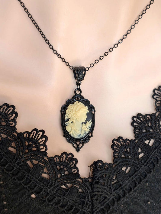 Gothic Goddess Cameo Necklace, Black & Ivory Victorian Pendant