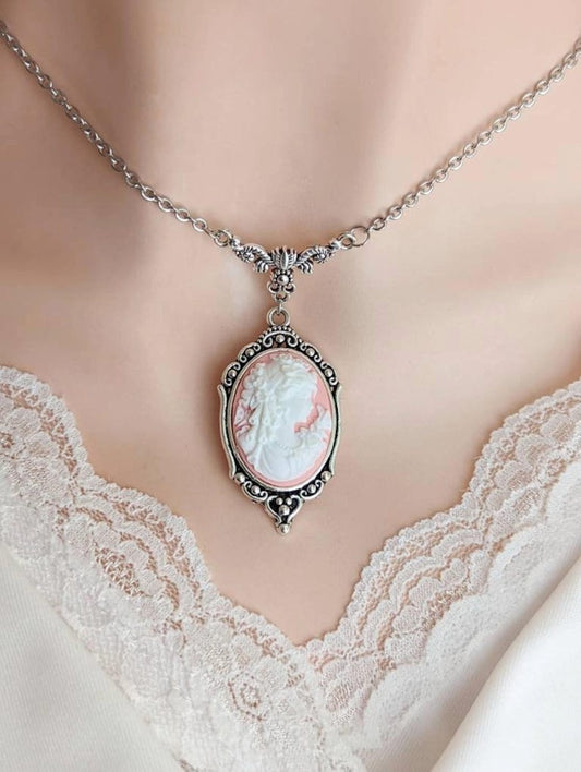 Pink Cameo Necklace, Vintage Style Pendant, Victorian Jewelry