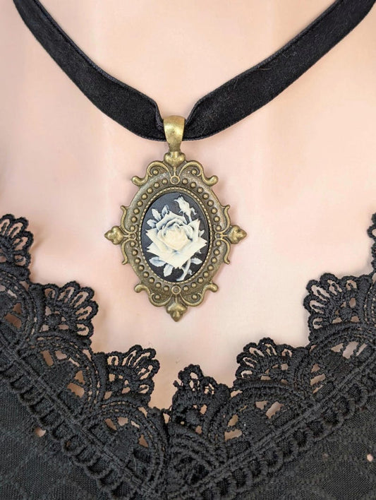 Victorian Rose Cameo Choker Necklace, Black Velvet Gothic Pendant