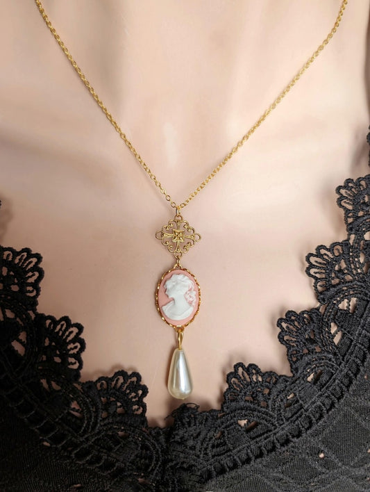 Pink Cameo Pearl Necklace, 14K Gold Plated Vintage Style Jewelry