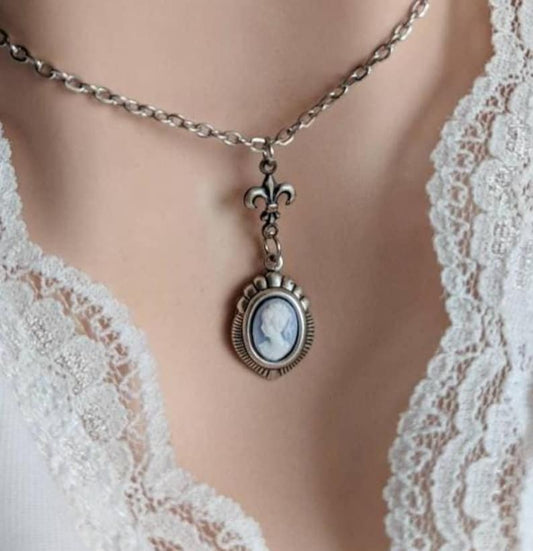 Blue Cameo Necklace: Silver Fleur de Lys Victorian Style Pendant