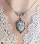 Blue Hummingbird Cameo Necklace, Art Nouveau Bird Pendant Jewelry