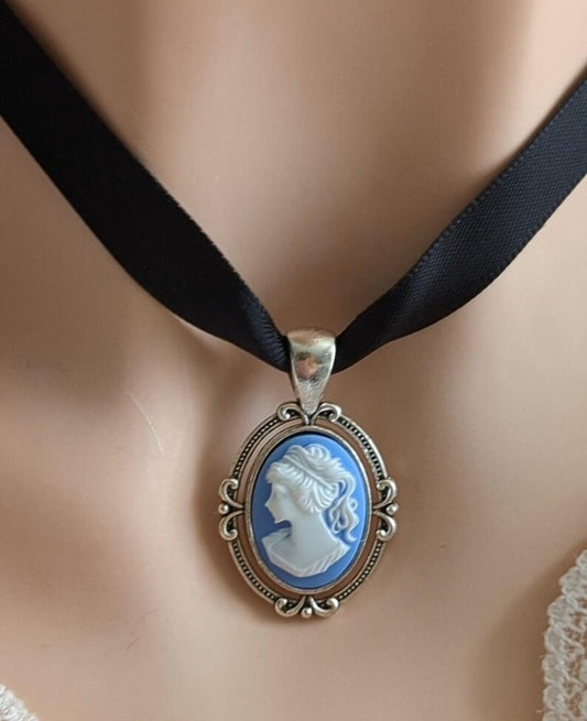 Blue Cameo Choker: Victorian Gothic Black Ribbon Necklace