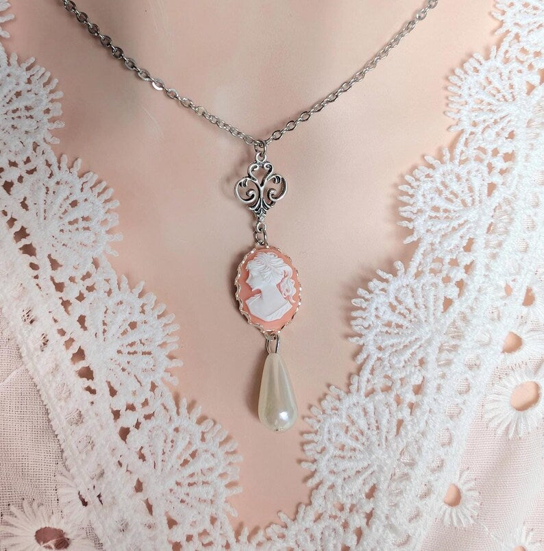 Pink Cameo Necklace with Pearl Drop, Victorian Silver Pendant Gift