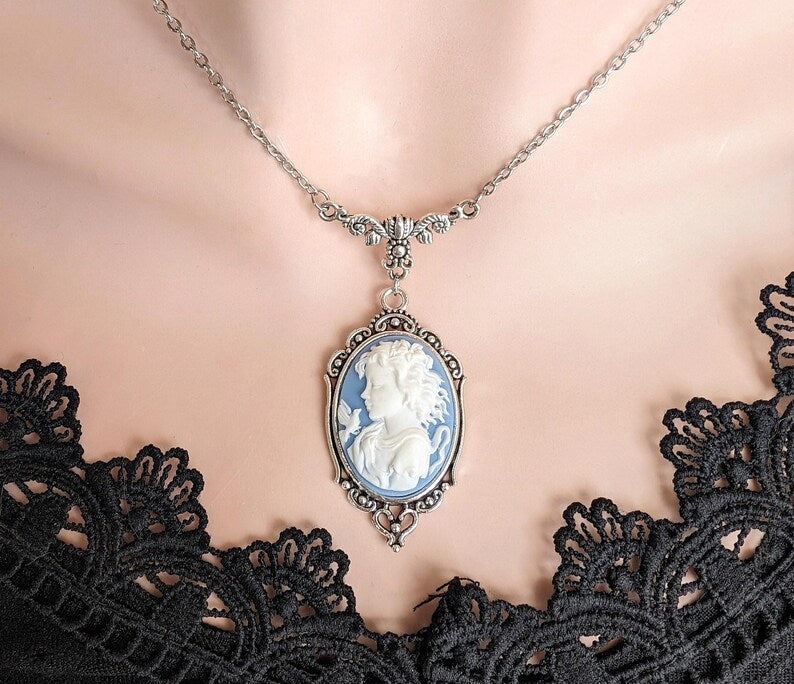 Blue Cameo Necklace Victorian Silver Pendant Vintage Style Jewelry