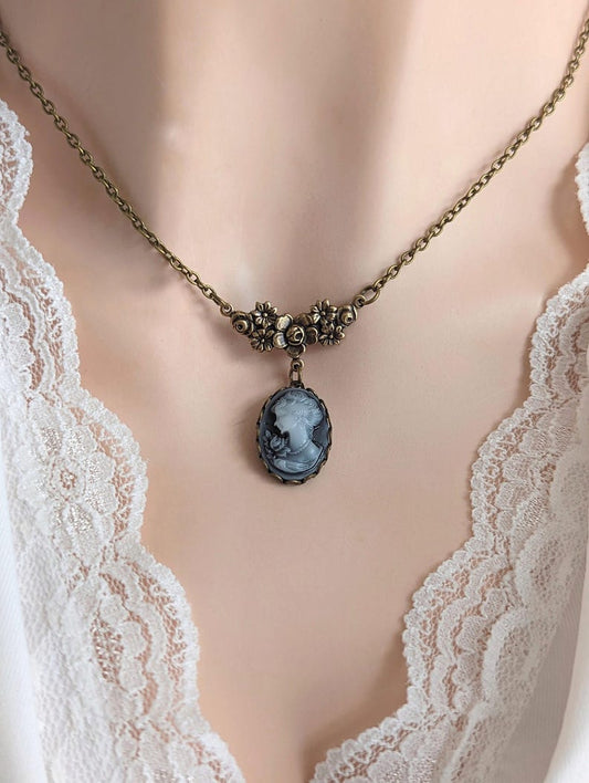 Blue Cameo Necklace: Vintage Lady Portrait in Oxidized Brass Pendant