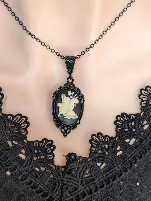 Black Fairy Cameo Necklace, Woodland Fae Pendant, Gothic Jewelry