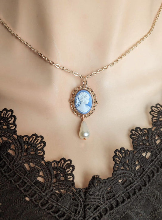 Pearl Cameo Necklace: 14K Rose Gold Plated Victorian Pendant
