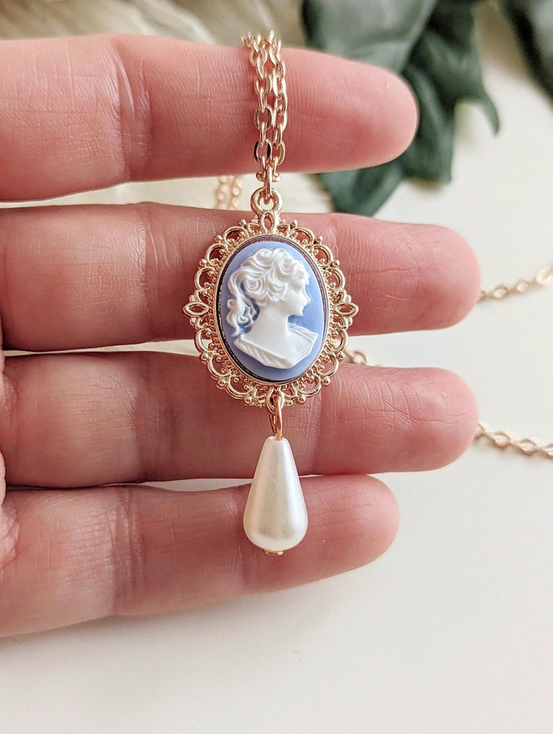 Pearl Cameo Necklace: 14K Rose Gold Plated Victorian Pendant