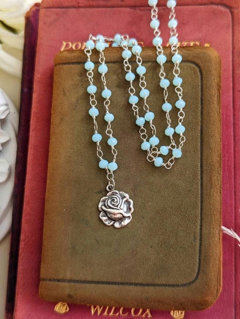 Silver Rose Necklace: Aqua Chalcedony Rosary Chain Pendant