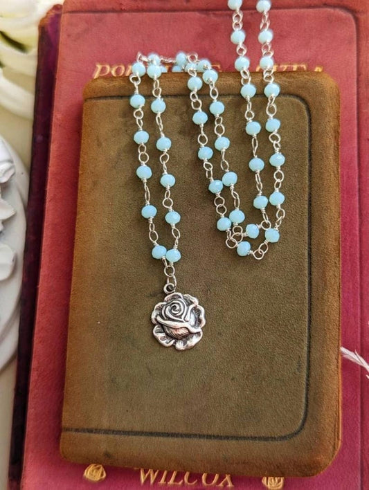 Silver Rose Necklace: Aqua Chalcedony Rosary Chain Pendant