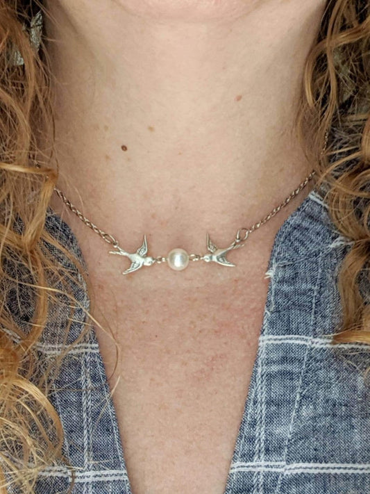Silver Swallow Necklace with Pearl: Bride Wedding Choker, Vintage Bridal Jewelry