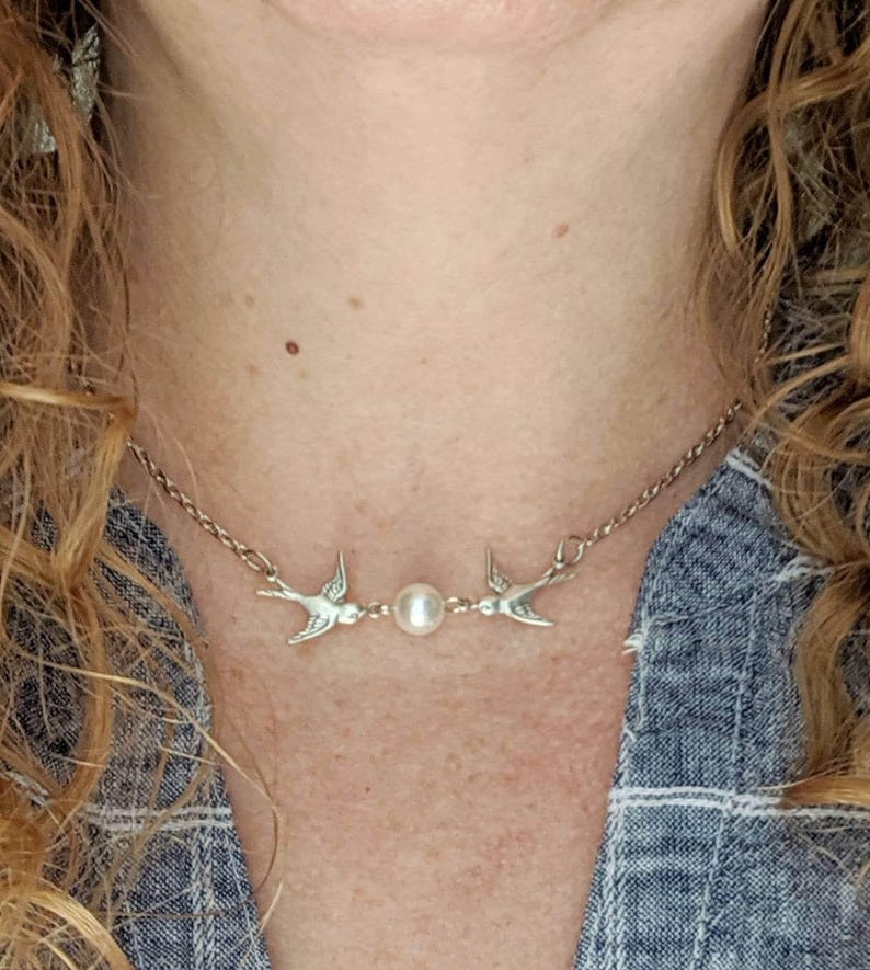Silver Swallow Necklace with Pearl: Bride Wedding Choker, Vintage Bridal Jewelry