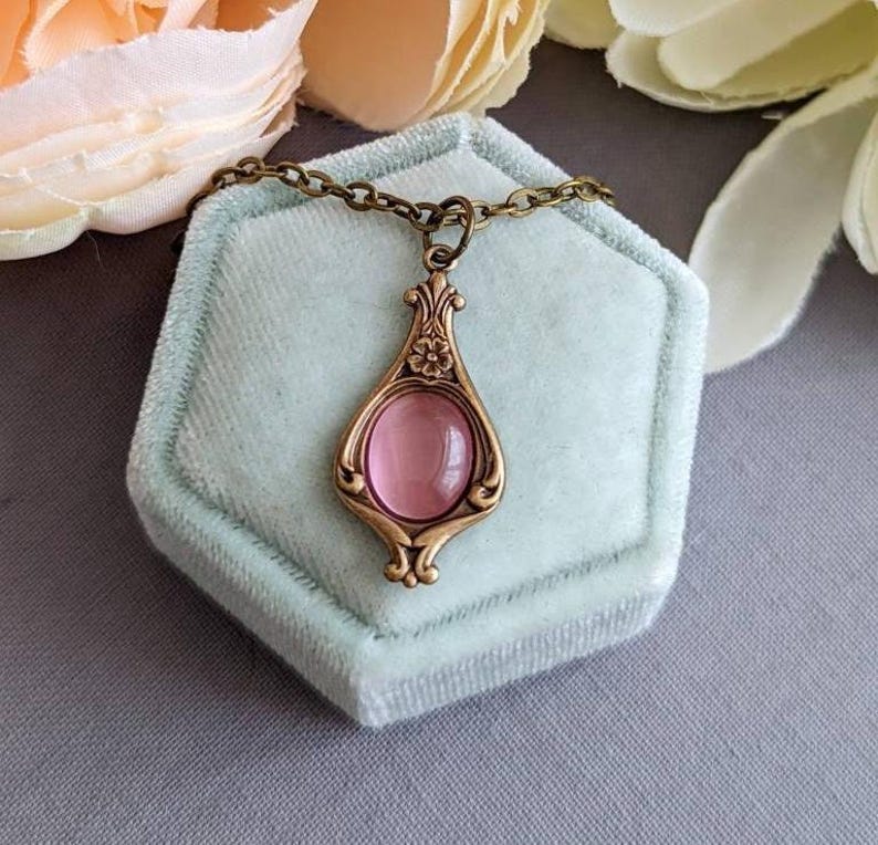 Victorian Pink Pendant Necklace, Vintage Style Historical Costume Jewelry