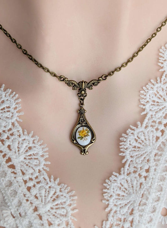 Yellow Rose Pendant, Art Nouveau Necklace, Vintage-Inspired Floral Jewelry