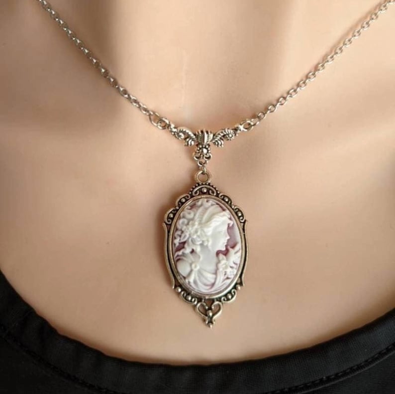 Victorian Goddess Cameo Necklace, Antique Silver Wedding Jewelry