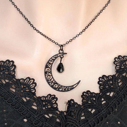 Black Crescent Moon Necklace: Gothic Crystal Celestial Pendant