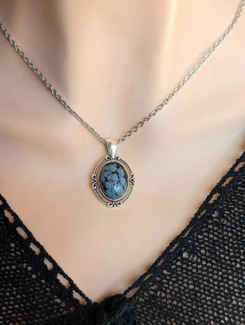Snowflake Obsidian Necklace | Gothic Silver Pendant, Handmade Jewelry