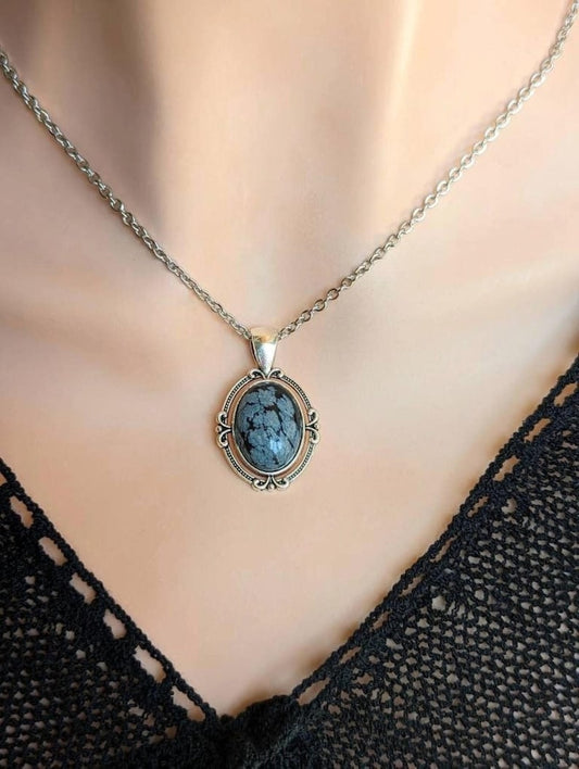 Snowflake Obsidian Necklace | Gothic Silver Pendant, Handmade Jewelry